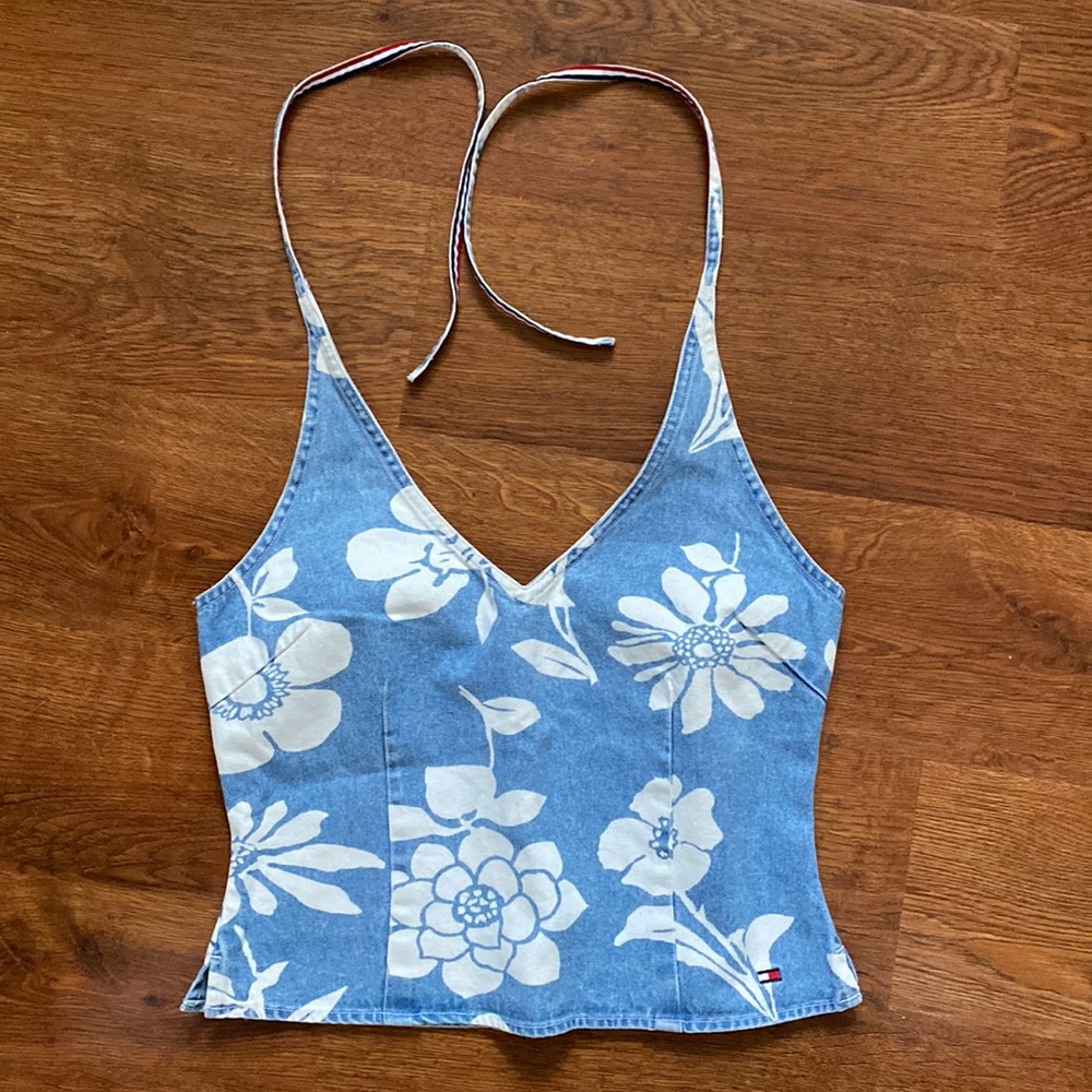 Denim floral halter top
